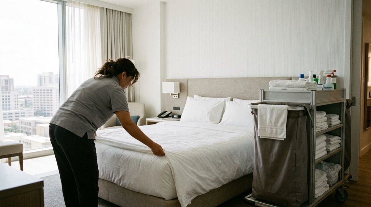 Camarera de pisos haciendo la cama con lencería limpia en una habitación de hotel; carro de office al lado.