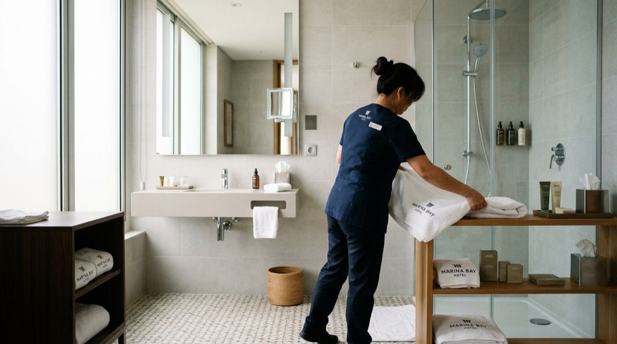 Camarera de pisos reponiendo toallas y amenities en el baño de una habitación de hotel.