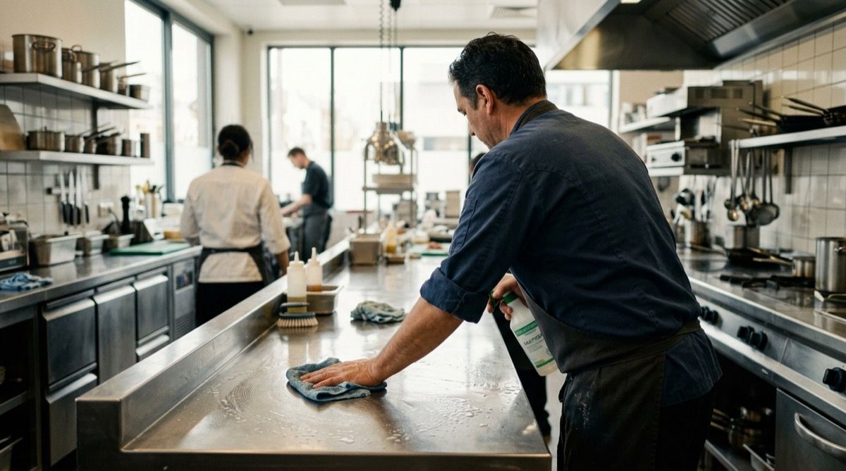 Cocinero limpiando y desinfectando las superficies de acero inoxidable de la cocina de un restaurante.