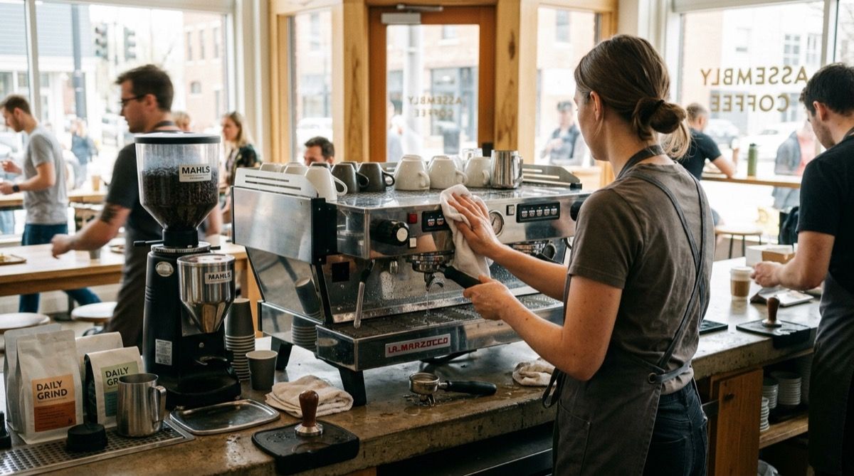 Barista limpiando los grupos de la cafetera espresso en la barra de una cafetería.