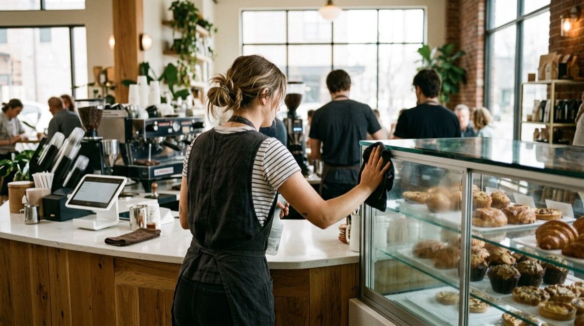 Barista limpiando la barra y la vitrina refrigerada de bollería de una cafetería.