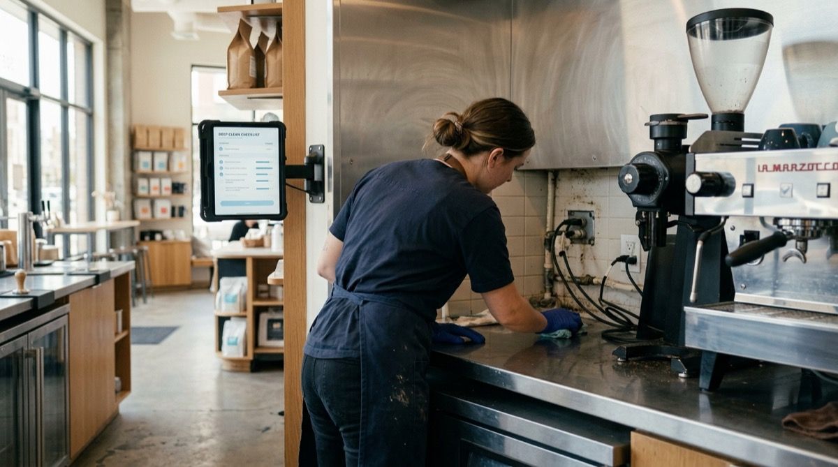 barista limpiando a fondo detrás/debajo de la cafetera y equipos movidos de la barra, con tablet