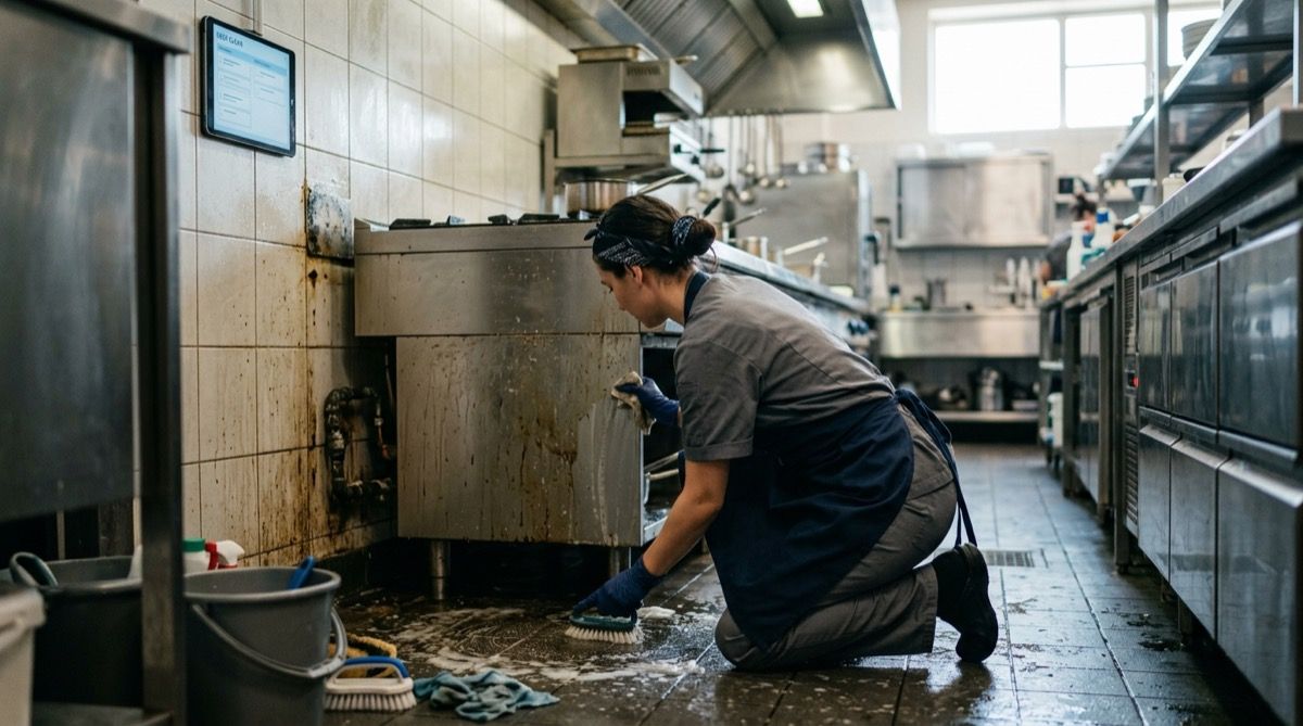 Cocinero limpiando a fondo detrás y debajo de equipos pesados de cocina movidos, con interior de congelador desescarchado, marcando la tarea en una tablet