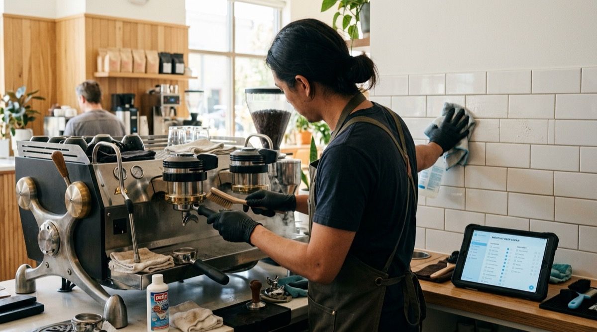 descalcificación profunda de la cafetera o limpieza de paredes/rejillas de la cafetería, tablet cerca