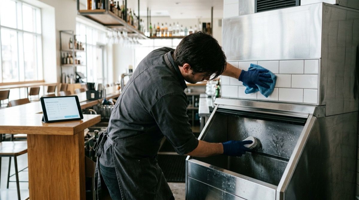 Sanitizado a fondo de la máquina de hielo del bar o limpieza de paredes y rejillas, con tablet de checklist cerca
