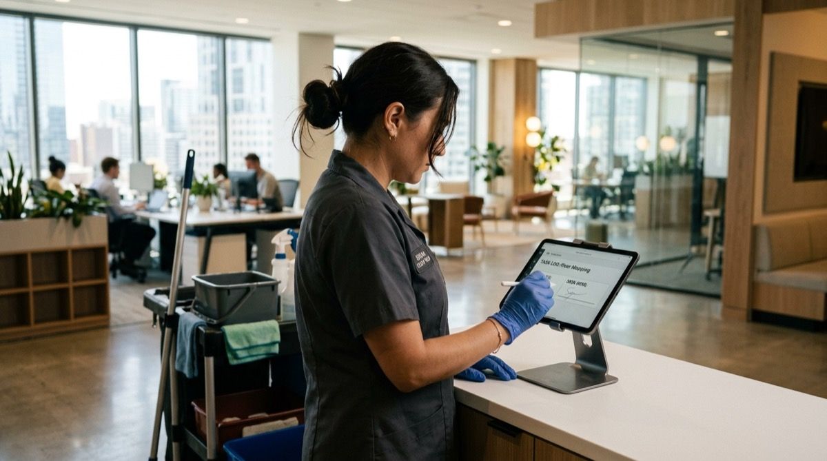 Limpiador profesional con uniforme y guantes limpiando una oficina mientras firma la tarea en una tablet de tareas.