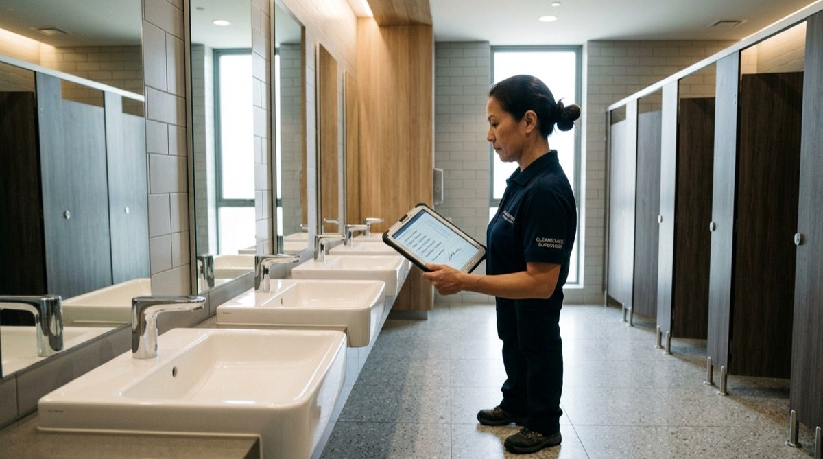 Supervisora haciendo control de calidad de un aseo con una tablet de tareas en la mano.
