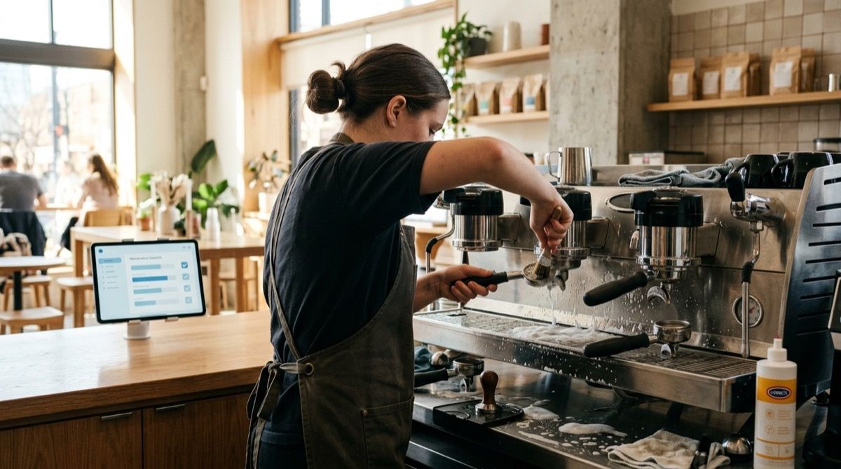 Barista haciendo el backflush con detergente de la cafetera espresso en la barra de una cafetería, marcando la tarea en una tablet.