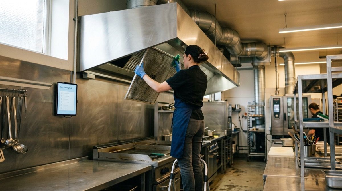 Cocinero desmontando y desengrasando los filtros de la campana extractora en una cocina de restaurante, marcando la tarea en una tablet.