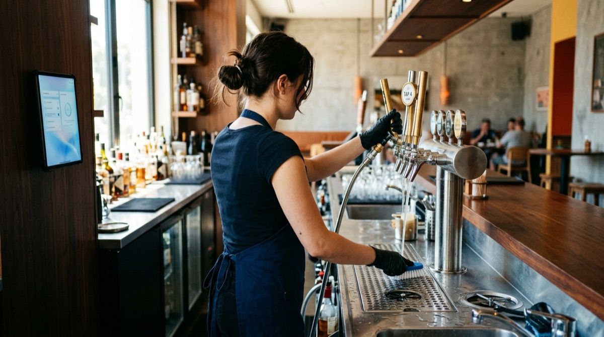 Camarero limpiando a fondo las líneas y los tiradores de cerveza de la barra con producto específico, junto a una tablet con el checklist.
