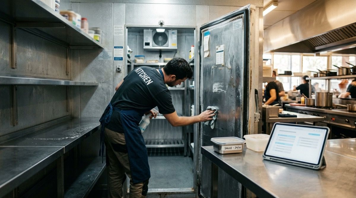 Limpieza a fondo de las estanterías y el interior de una cámara frigorífica de restaurante, con una tablet de checklist al lado.