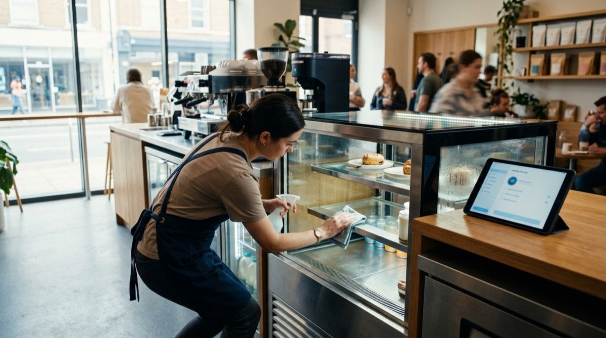 Limpieza a fondo del interior de las neveras de leche de una cafetería, con una tablet de checklist al lado.