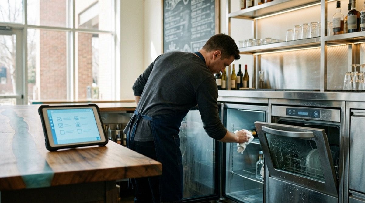 Limpieza a fondo del lavavasos y los botelleros de la barra de un bar, con una tablet de checklist al lado.