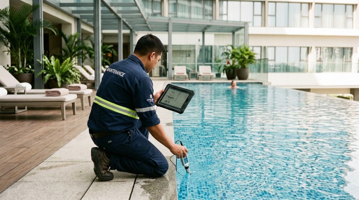 Técnico de mantenimiento midiendo el agua de la piscina del hotel y anotando la lectura en una tablet.