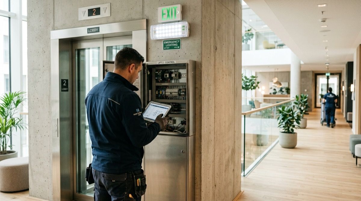 Técnico de mantenimiento revisando el cuadro de control de un ascensor y el alumbrado de emergencia con una tablet.