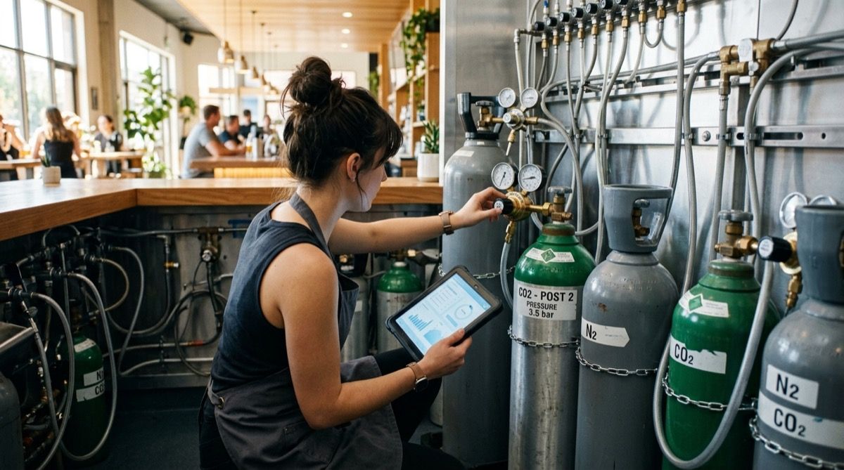 Camarero o técnico revisando las botellas de CO2 y los manorreductores del sistema de tirada de cerveza, con una tablet.