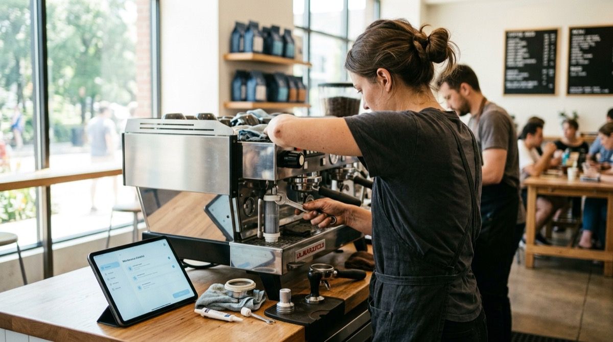 Técnico descalcificando la cafetera espresso o cambiando el filtro de agua, marcando la tarea en una tablet.