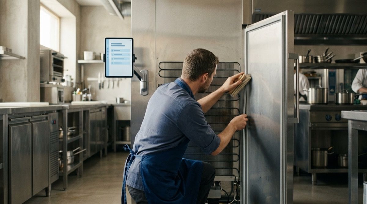Un cocinero o técnico revisando y limpiando los condensadores o las juntas de una cámara frigorífica de restaurante, marcando la tarea en una tablet.