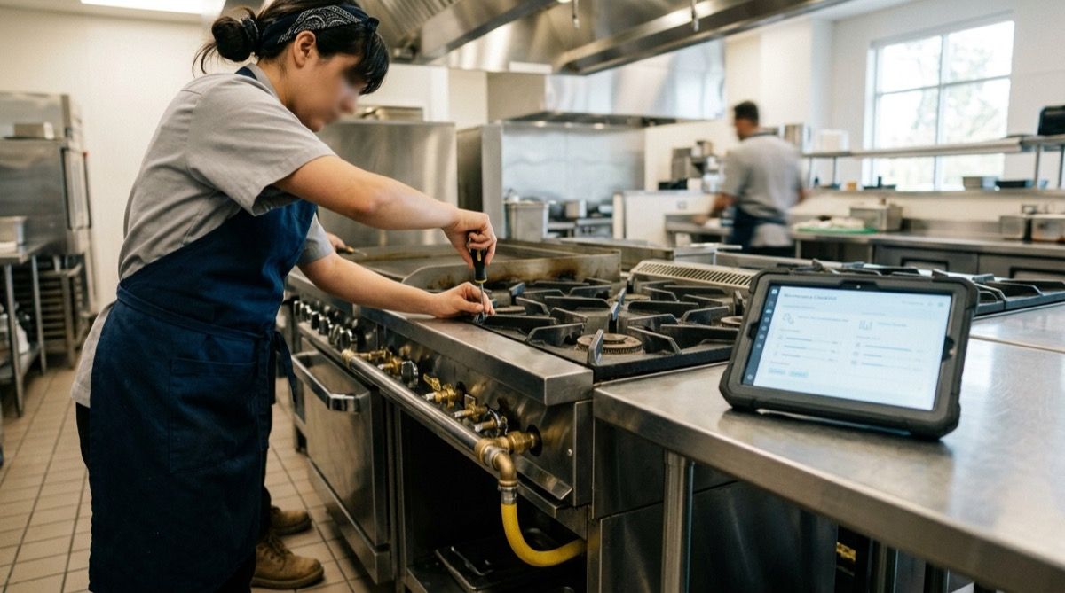 Revisión de los quemadores y el gas de la cocina o vaciado de la freidora de un restaurante, con una tablet de checklist cerca.