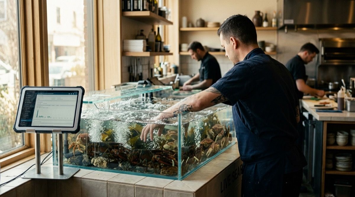 Cocinero revisando el vivero de marisco vivo con bogavantes y cangrejos en una marisquería, con agua oxigenada y una tablet al lado.