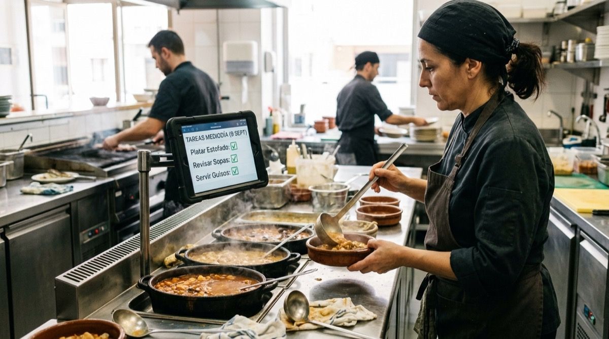 Cocinero emplatando guisos en línea caliente de menú del día mientras consulta una tablet con checklists de tareas