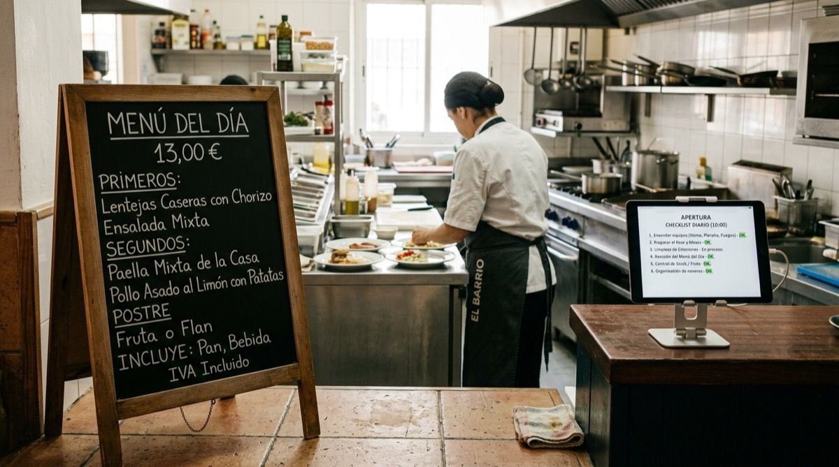 Pizarra del menú del día junto a una cocina con tablet mostrando la lista de tareas de apertura
