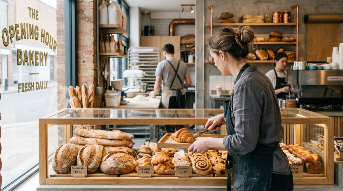 Dependienta colocando pan y bollería recién horneados en la vitrina de la panadería al abrir.