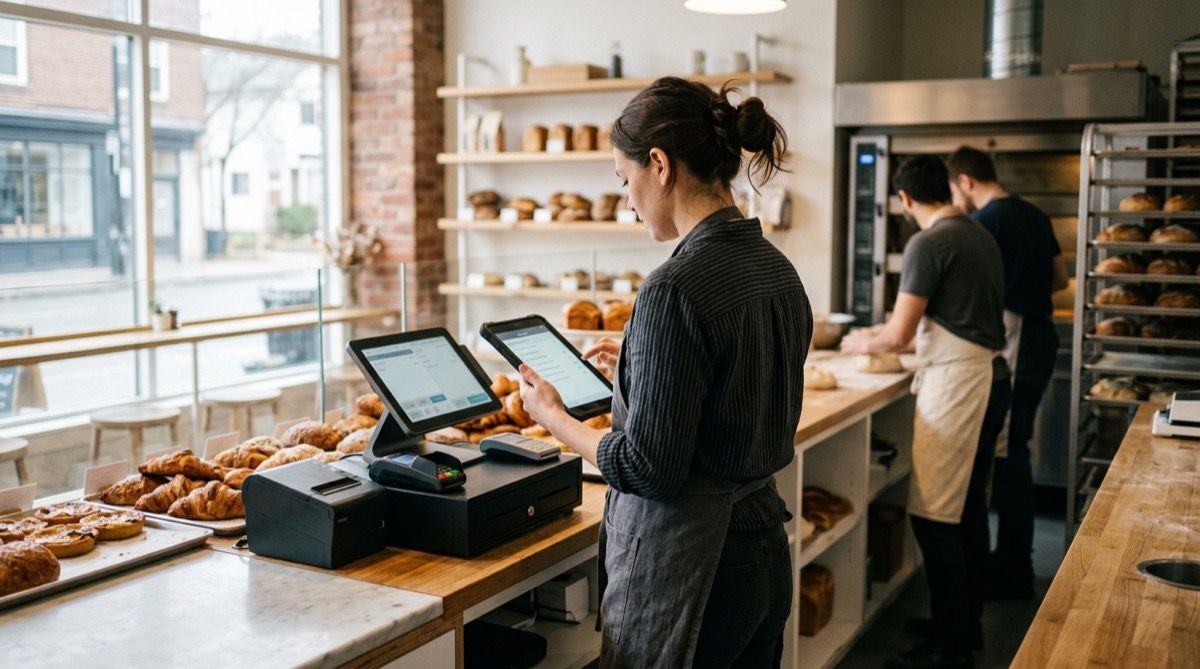 Trabajadora de panadería preparando el mostrador y la caja al abrir, con una tablet.