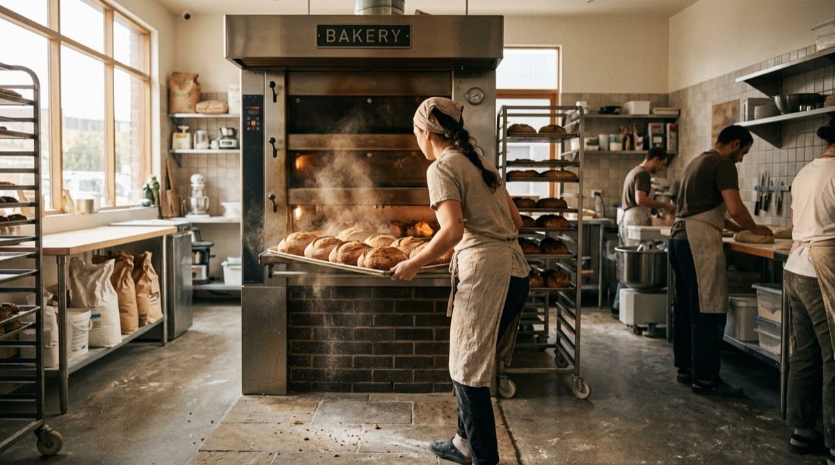 Panadera sacando una bandeja de pan recién horneado del horno del obrador.