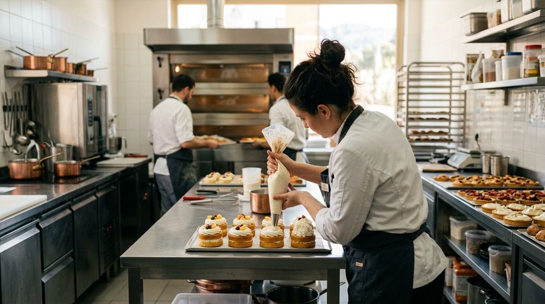 Pastelera de espaldas decorando tartas con manga en el obrador