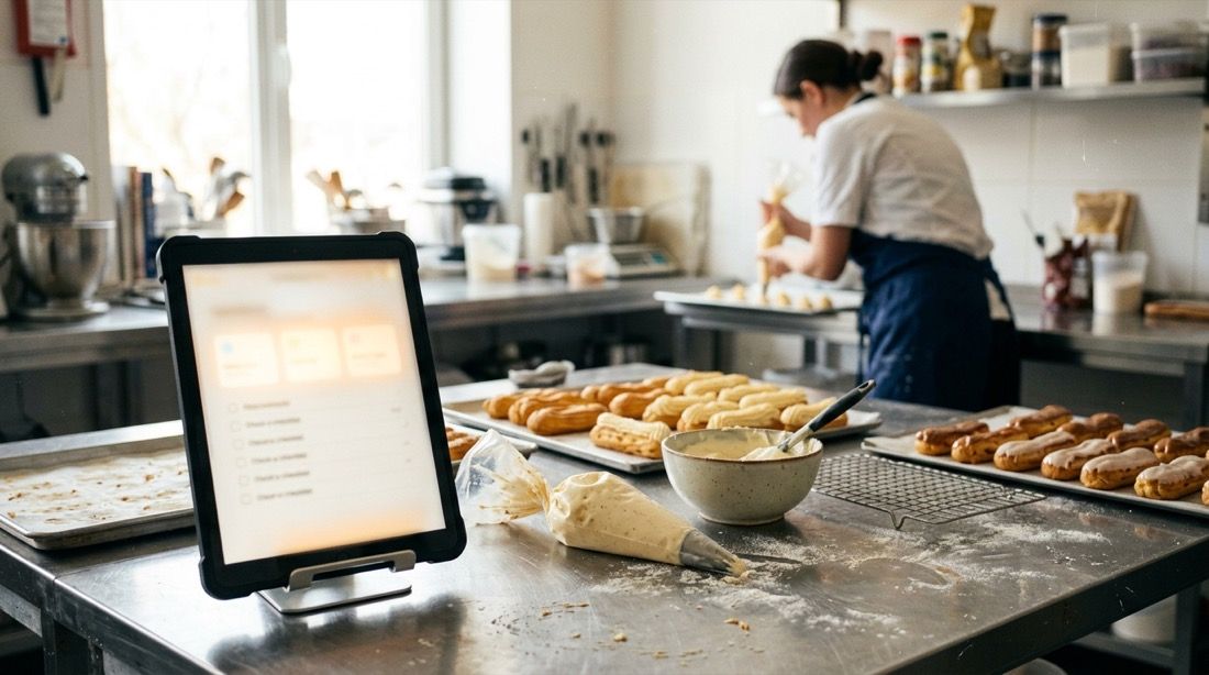 Tablet con checklist junto a la mesa del obrador