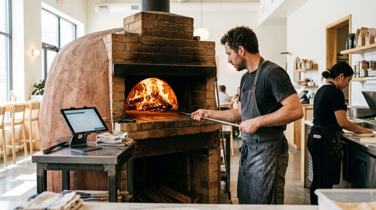 Pizzaiolo encendiendo y comprobando el horno de leña de una pizzería, con la llama dentro y una tablet de tareas al lado.