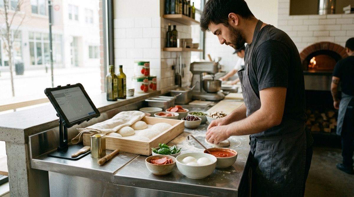 Cocinero montando la línea fría de una pizzería: bolas de masa fermentada, mozzarella fior di latte, salsa de tomate y toppings.