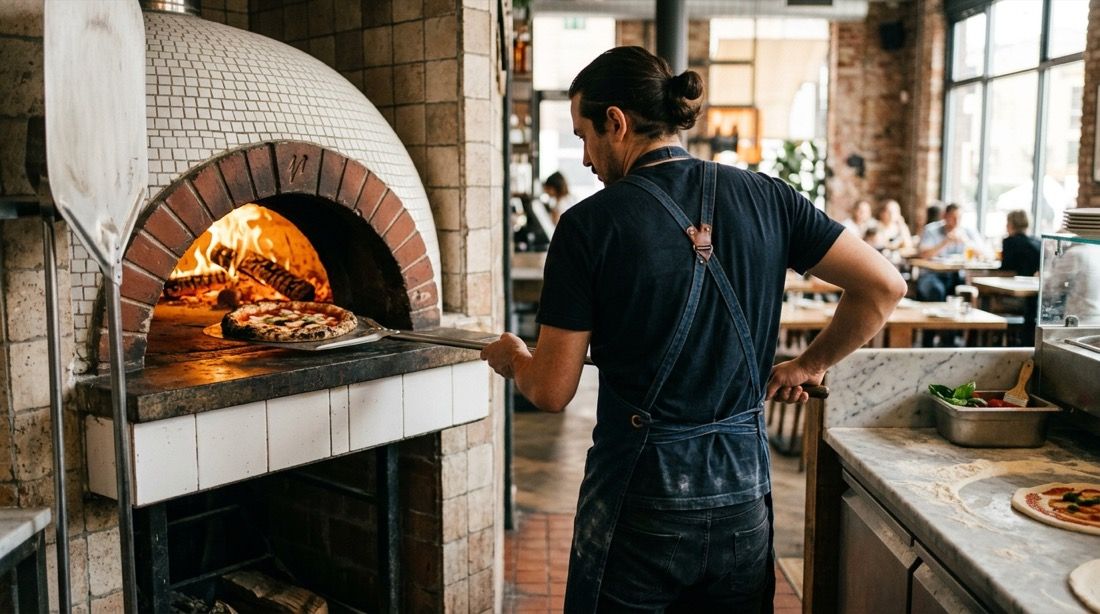 Pizzaiolo de espaldas horneando una pizza en el horno de leña de la pizzería