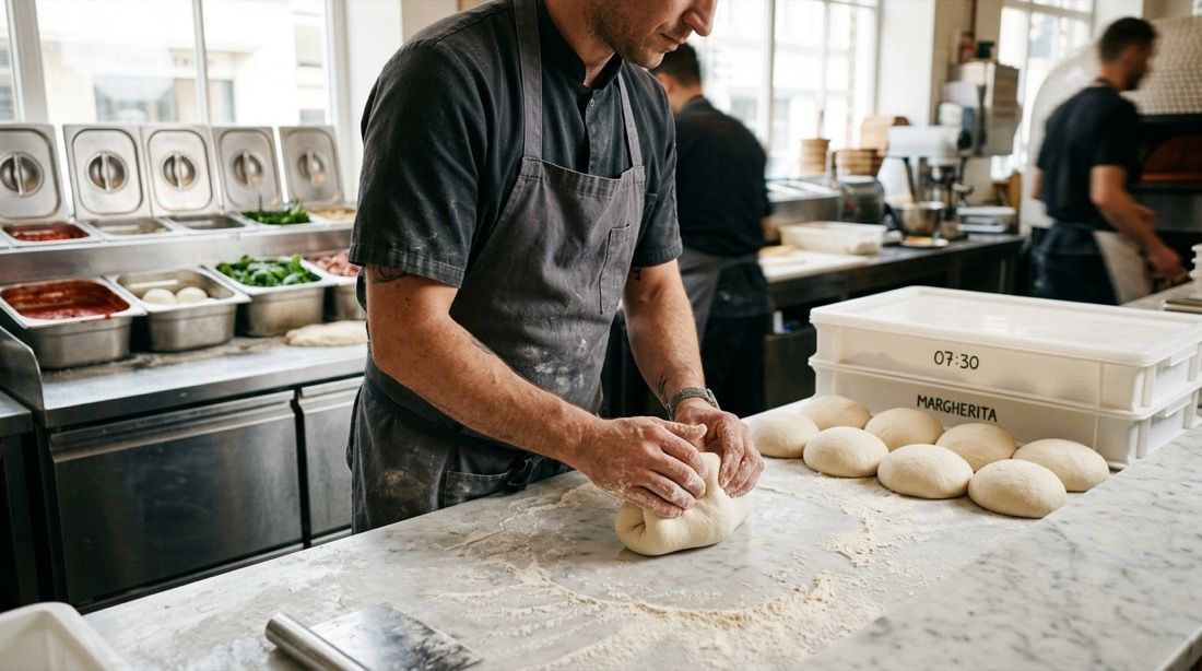 Manos de pizzero preparando bolas de masa sobre la mesa de trabajo enharinada