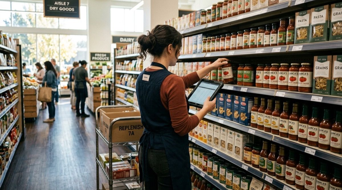 Trabajadora de tienda reponiendo y haciendo facing en los lineales, con una tablet.