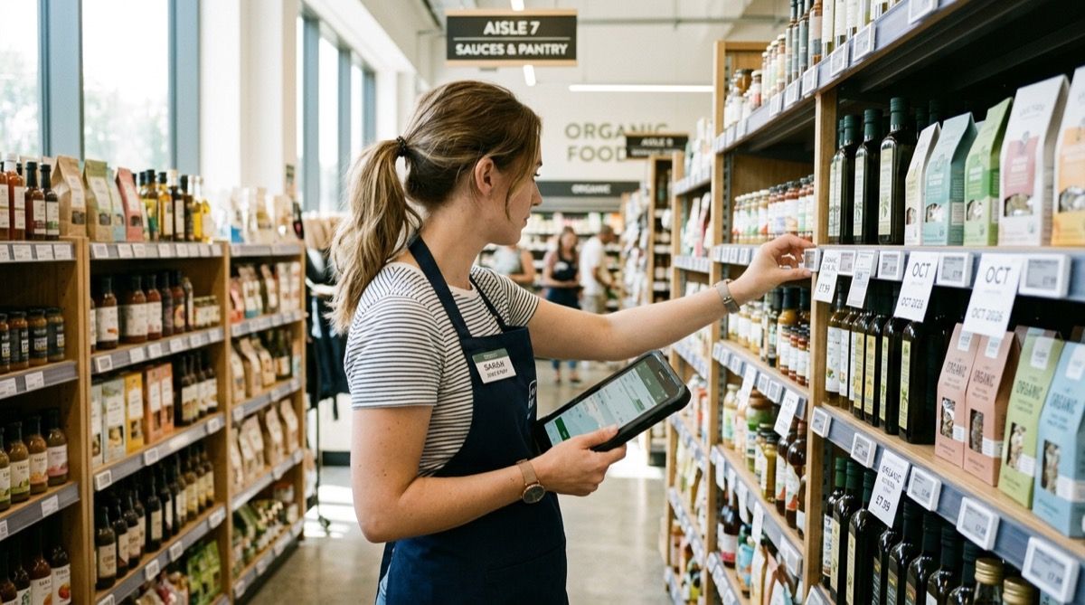 Dependienta revisando las etiquetas de precio de los lineales, con una tablet en la mano.