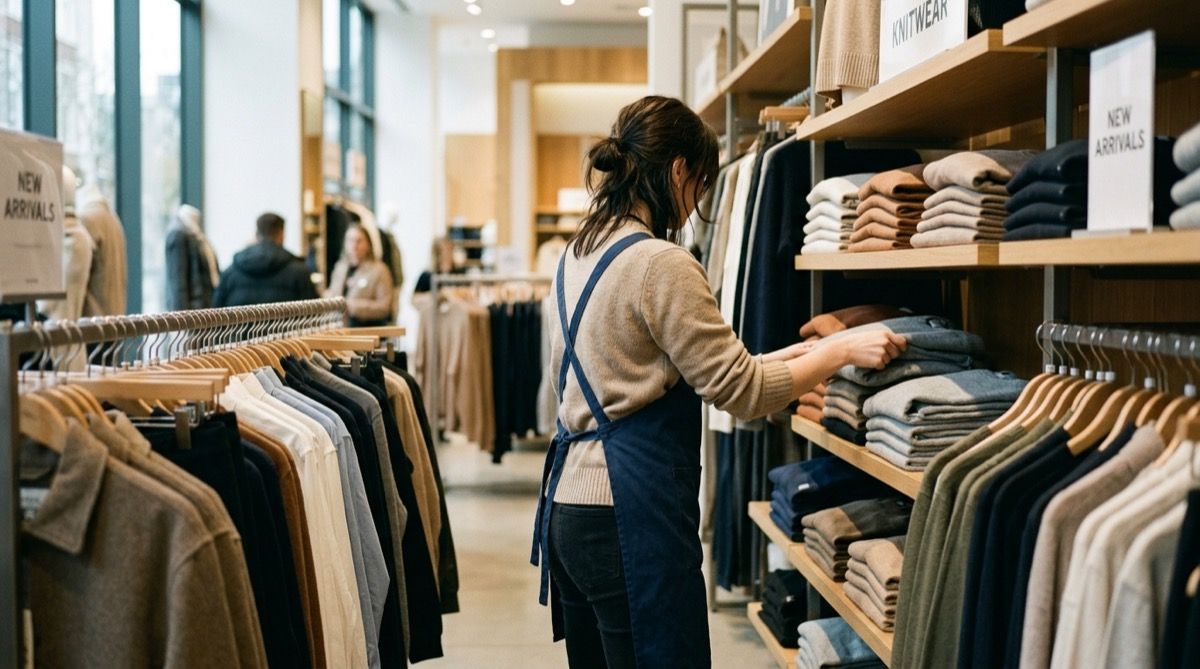 Dependienta reponiendo y ordenando la ropa en los lineales de una tienda.