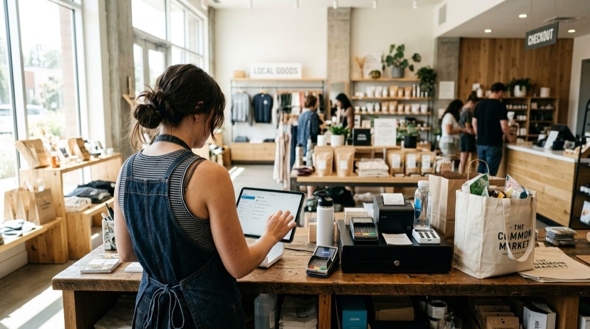 Trabajadora de tienda revisando tareas en una tablet junto a la caja.