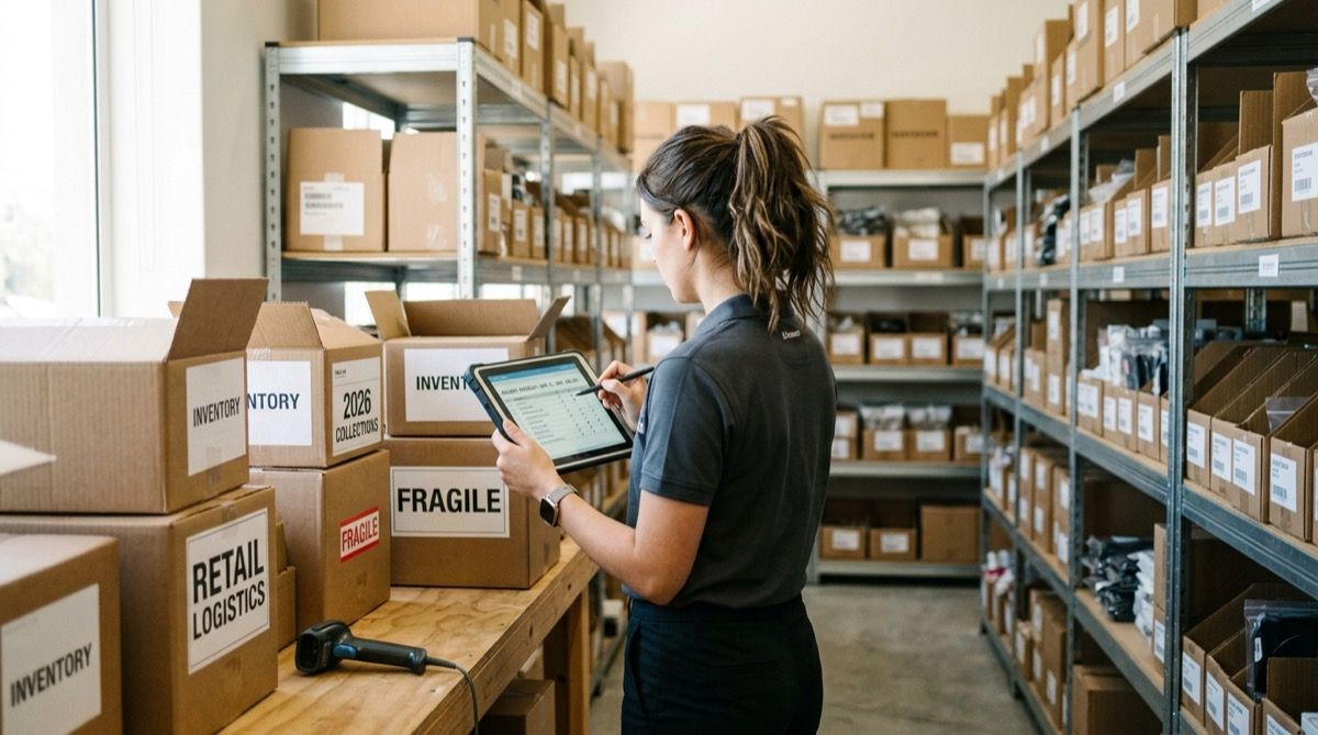 Dependienta comprobando una entrega de mercancía con una tablet en el almacén.