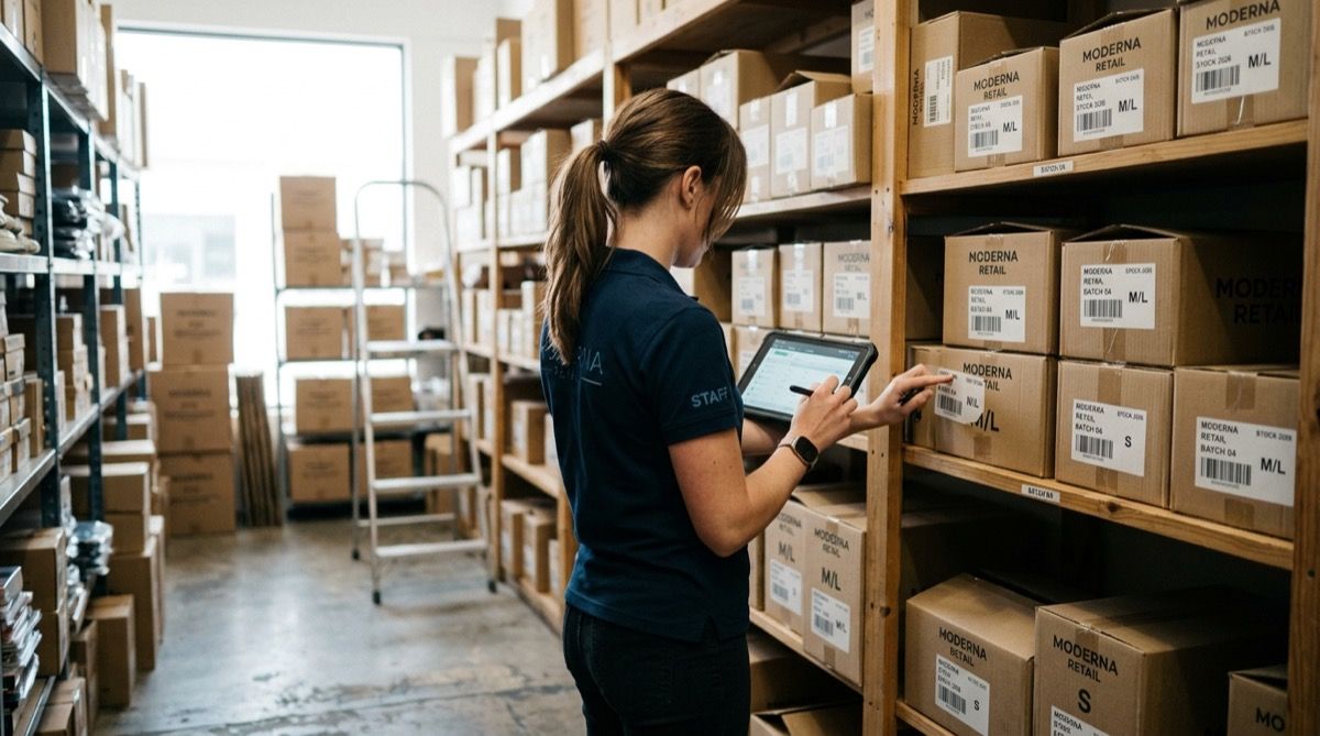 Dependienta contando stock en el almacén con una tablet, estanterías de cajas.