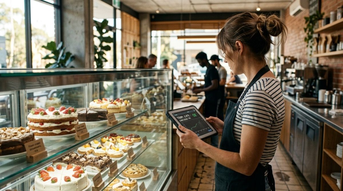 Dependienta de pastelería comprobando la temperatura de la vitrina de pasteles con nata en una tablet.
