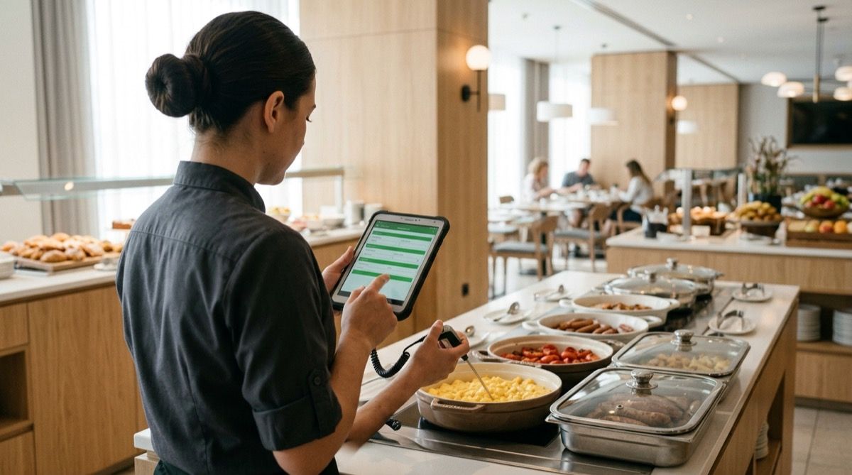 Empleada de hotel midiendo con sonda la temperatura del buffet caliente del desayuno y anotándola en una tablet.
