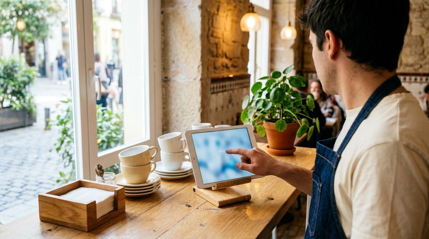Camarero con delantal vaquero tecleando su PIN en una tablet apoyada en la barra de madera de una cafetería al empezar el turno