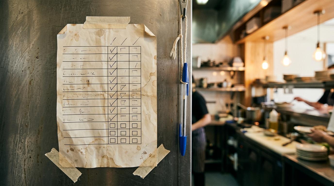 Lista de tareas en papel arrugada y con una mancha de agua, pegada a la pared de acero de una cocina profesional, con la mitad de las casillas sin marcar