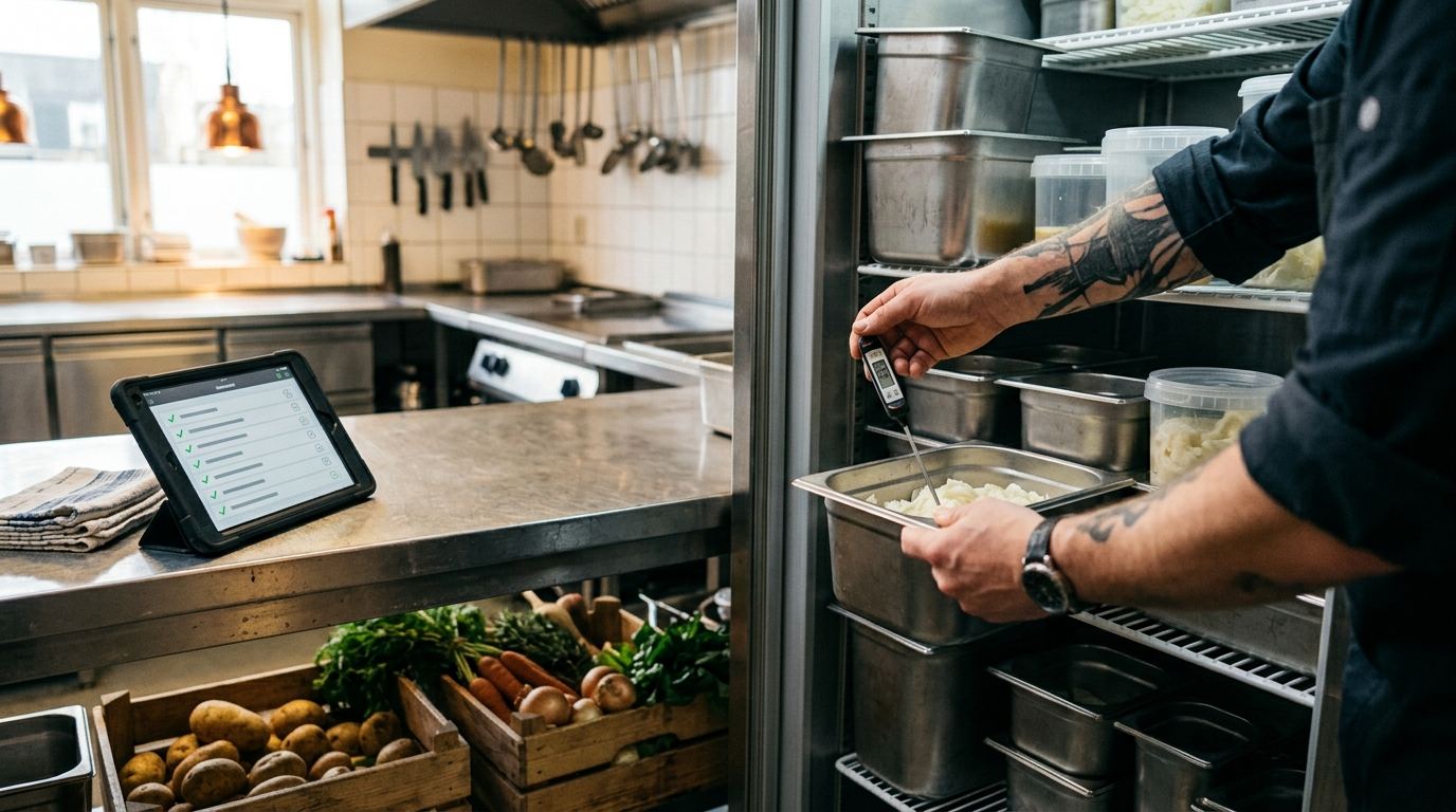Cocinero tomando la temperatura de la cámara con un termómetro de sonda al abrir, con la checklist de apertura marcada en la tablet