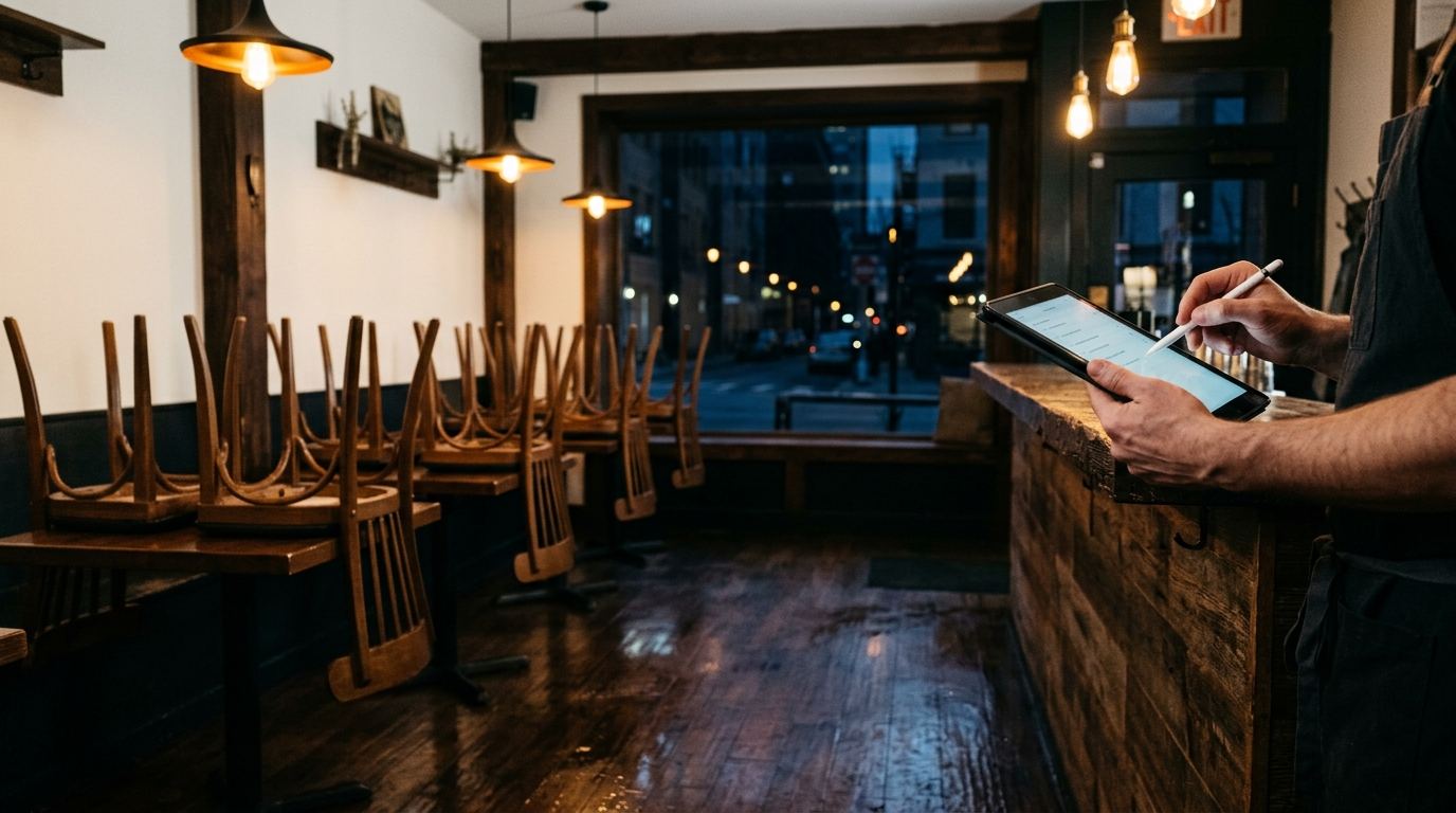 Comedor de un restaurante al cierre, con las sillas subidas, el suelo recién fregado y un camarero marcando la última tarea de la checklist de cierre en la tablet