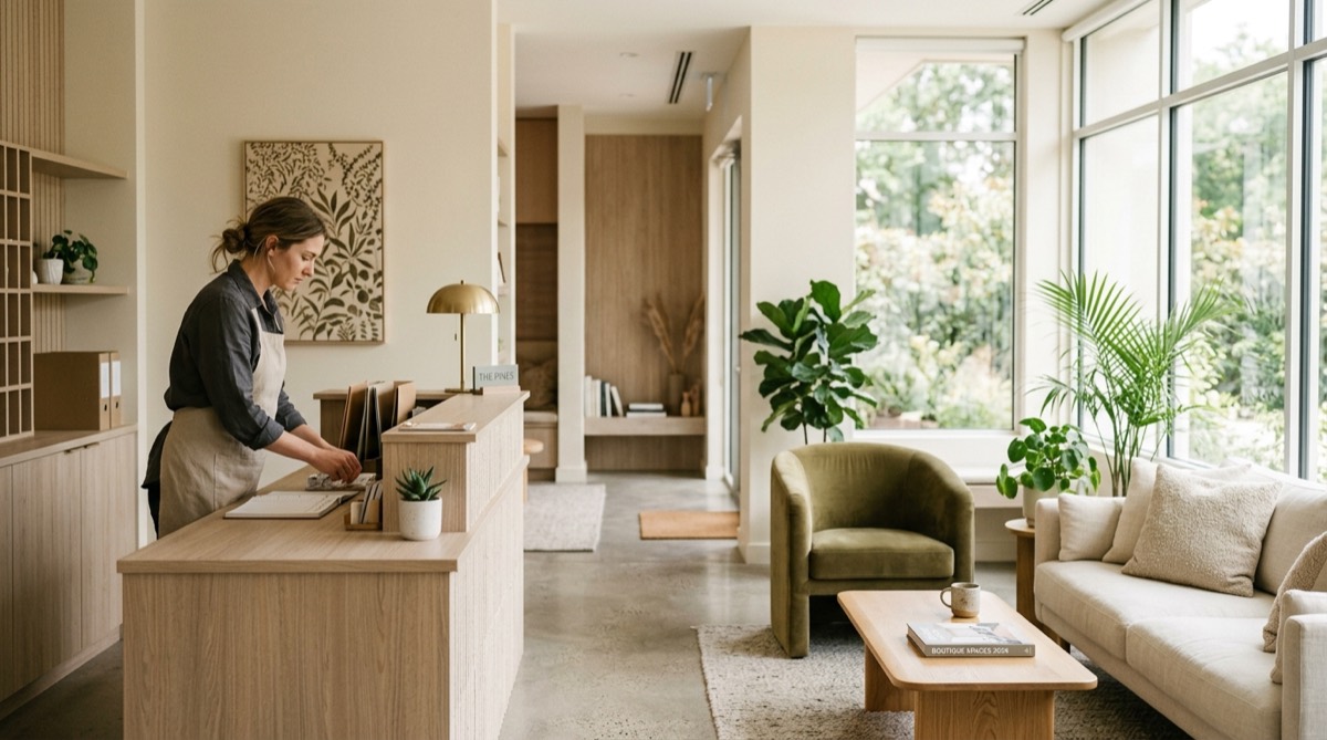 Recepción luminosa de un hotel boutique con personal trabajando