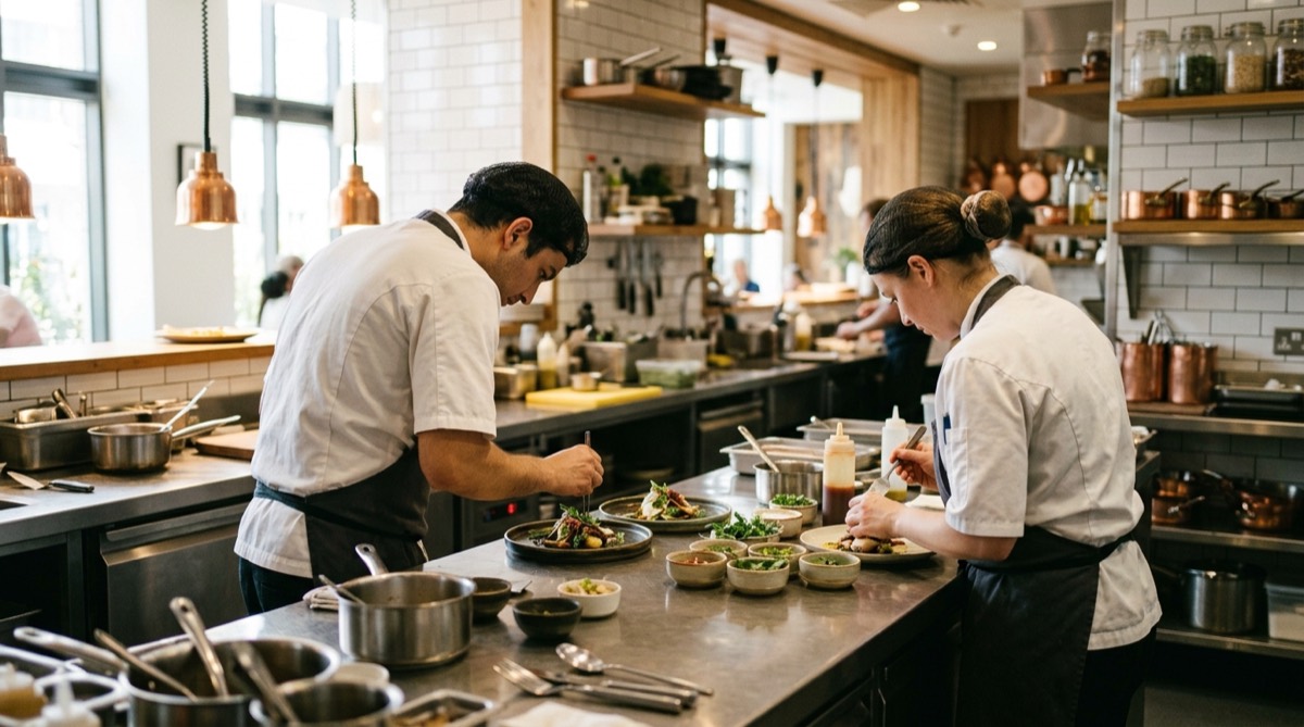 Cocina de un restaurante moderno con cocineros emplatando durante el servicio