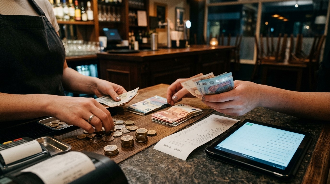 Manos contando billetes y monedas por denominaciones sobre la barra de un bar al cierre, con el ticket Z del TPV y una tablet con la checklist al lado